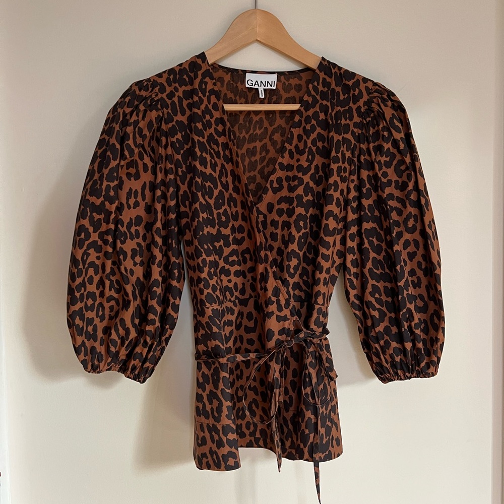 Ganni Leopard Print Cotton Wrap Top